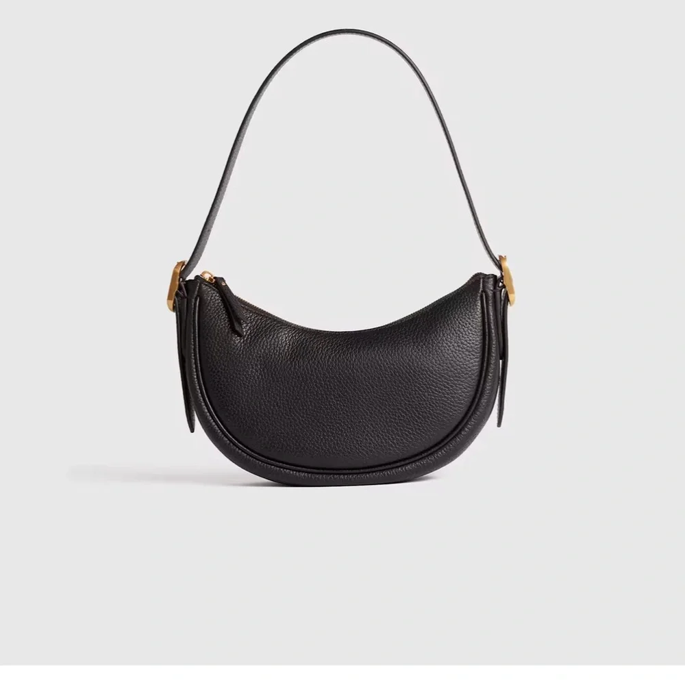 Quince Black Italian Pebbled Leather Mini Crescent Shoulder Bag Gold Hardware - Picture 6 of 6